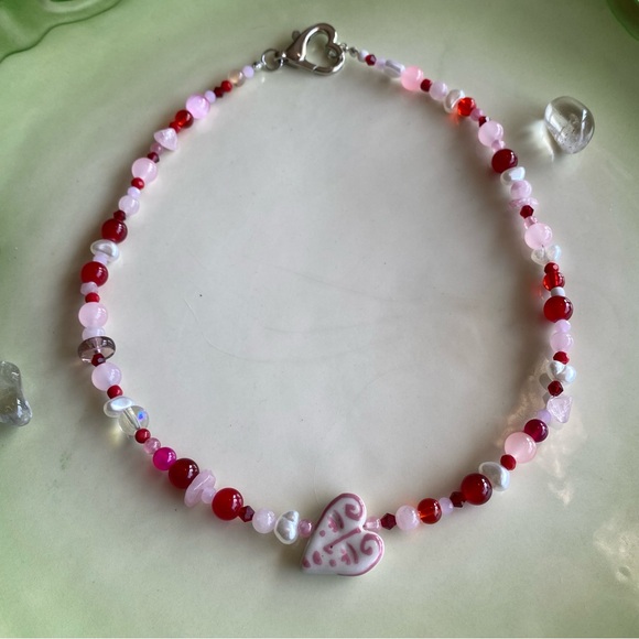 True Love Pink Red & White Beaded Necklace Ceramic Heart Face Pendant Pearl - Picture 3 of 13